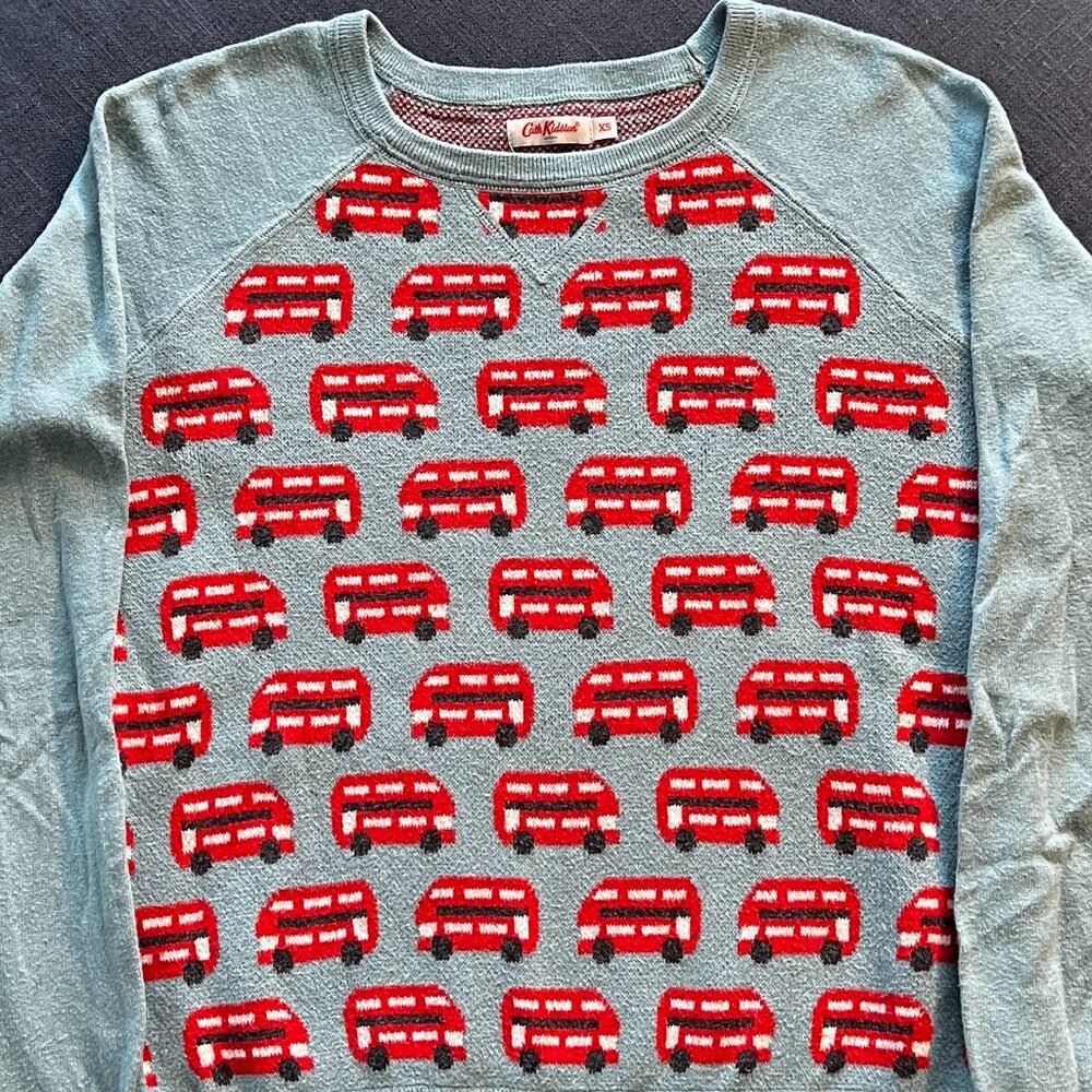 Cath Kidston Blue Knit Sweater | Red Double Decker Bus Print | XS